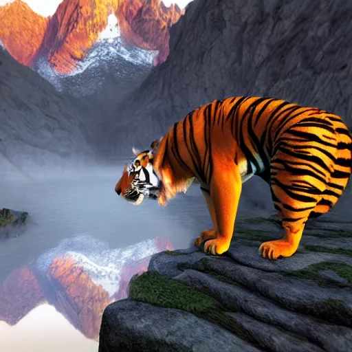 Image similar to hybrid of tiger and dragon, majestic, mountain and river in background, deviantart, global illumination radiating a glowing aura global illumination ray tracing hdr render in unreal engine 5