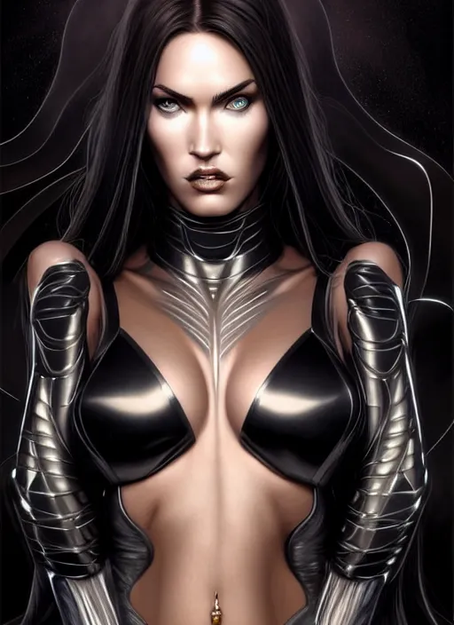 Image similar to symmetry!! gantz portrait of megan fox as dark priestess, unholy, intricate, highly detailed, dynamic lighting, digital art, digital painting, artstation, terence nielsen, sharp focus, illustration, art by artgerm and greg rutkowski and moebius, 8 k