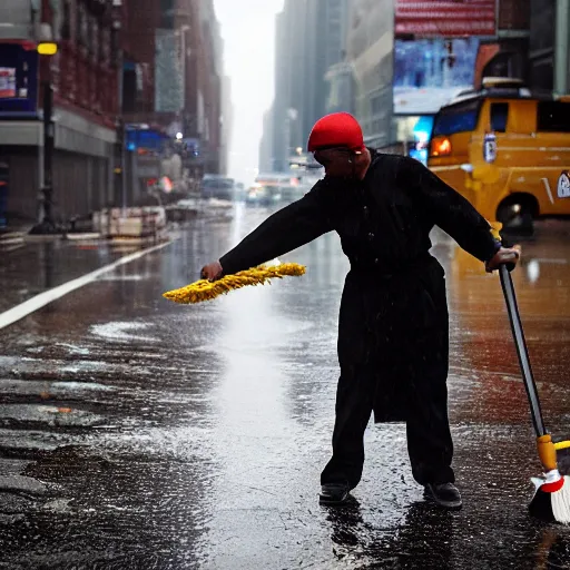 Image similar to closeup portrait of a cleaner with a mop fighting apuddles in rainy new york street, by Steve McCurry and David Lazar, natural light, detailed face, CANON Eos C300, ƒ1.8, 35mm, 8K, medium-format print