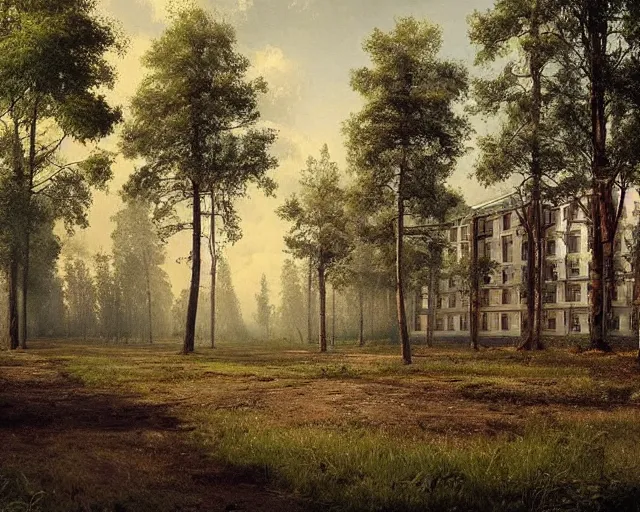 Image similar to beautiful matte painting of cute soviet block of flats hrushevka in end of forest by ivan shishkin