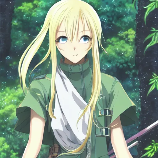 Prompt: blonde anime knight 4 4 3 2 5, in a rainy jungle, finely detailed features perfect art anime illustration trending on pivix fanbox art by makoto shinkai, studio ghibli, takashi takeuchi, hajime isayama