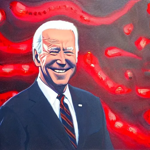 Image similar to Biden smiling with red glowing eyes staring at a crowd of people crying, oil painting