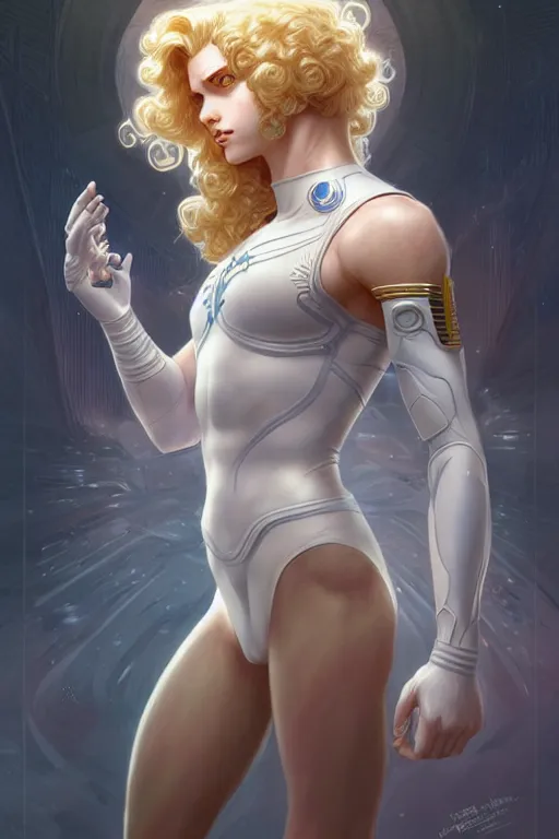 Prompt: genetically augmented super soldier Sailor Moon as a male, pale skin curly blond hair, fantasy, intricate, elegant, highly detailed, digital painting, artstation, concept art, matte, sharp focus, illustration, art by Artgerm and Greg Rutkowski and Alphonse Mucha