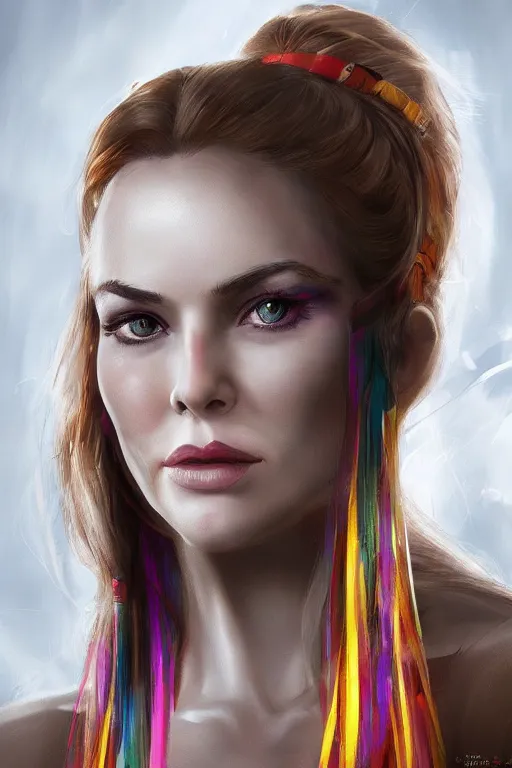 Image similar to mix of beautiful young maria shriver, mariel hemmingway, brooke shields, nicole kidman and elle macpherson as a young amazon warrior, thin lips, hair tied up in a pony tail, dark blonde hair, colorful, artstation, cgsociety