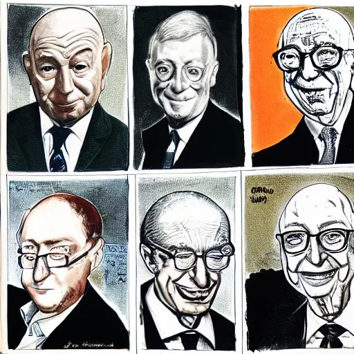 Prompt: Jacob Rothschild and george soros, bill gates and Klaus Schwab by Ralph Steadman, dollar bills, body horror, evil, scribbles biopunk, 8k , trending on artstation -