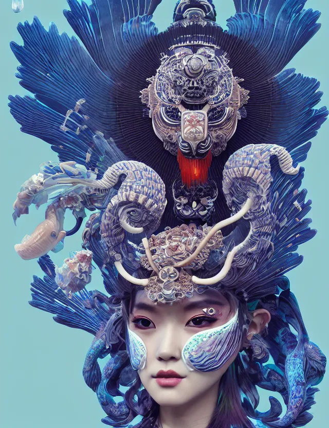 Image similar to 3 d goddess close - up frontal portrait with ram skull. beautiful intricately detailed japanese crow kitsune mask and clasical japanese kimono. betta fish, jellyfish phoenix, bio luminescent, plasma, ice, water, wind, creature, artwork by tooth wu and wlop and beeple and greg rutkowski