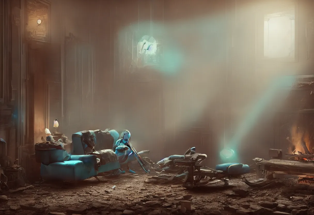 Image similar to intimate photograph of one single lone solitary cerulean and brown decaying futuristic robot lying on a frayed fainting couch in front of a beautiful fireplace with a cozy fire, in a dusty Victorian home, soft morning light seeping in a window, with cinematic lighting and lens flare, tall ceiling, octane render, cgsociety, by Simon Stalenhag and Rouhollah Toghyani and Sylvian Boussiron and Alfonso Cuaron, highly detailed closeup portrait, award-winning highly detailed 8k anamorphic closeup tight cinematic movie photograph