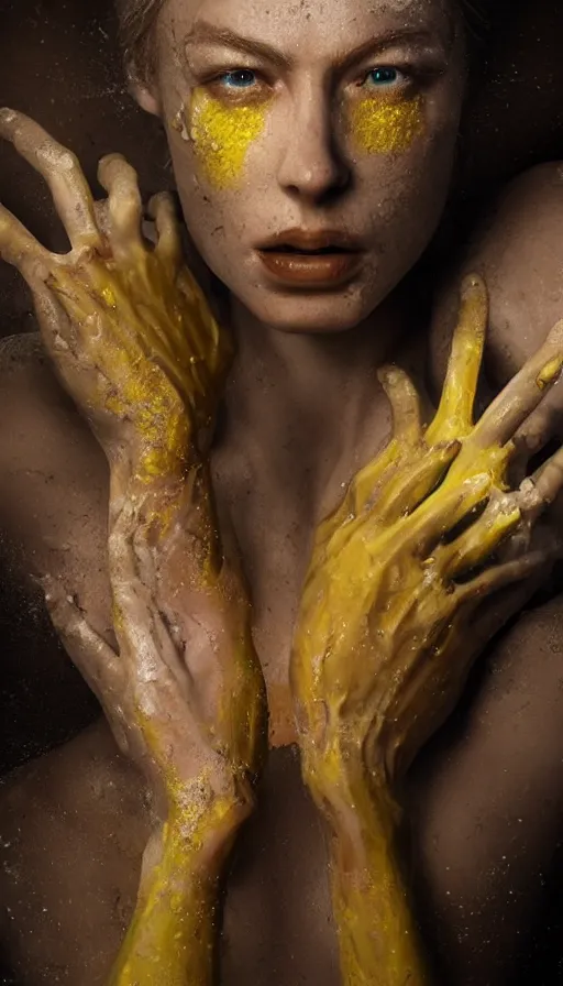 Image similar to epic masterpiece torment, drama, sweaty skin, hyperrealistic, octane render, cinematic, beautiful face and flawless skin, perfect hands, 5 fingers, yellow by Lorenzo Sperlonga, Legends of Runeterra