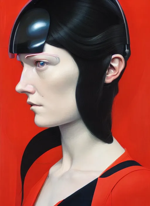 Prompt: artwork by james jean and Phil noto; a close up on the face of a beautiful woman that in a future space suit; wearing futuristic astronaut helmet; highly detailed; pretty eyes; circular black pupils; artwork by james jean and Phil noto