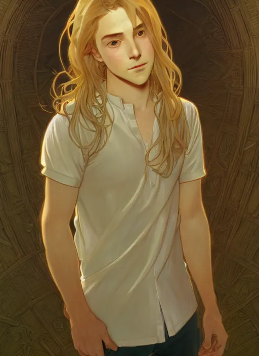 Image similar to pretty young man with shoulder length shiny shimmering golden blond hair, half body shot, path traced, highly detailed, high quality, digital painting, by studio ghibli and alphonse mucha, leesha hannigan, hidari, disney