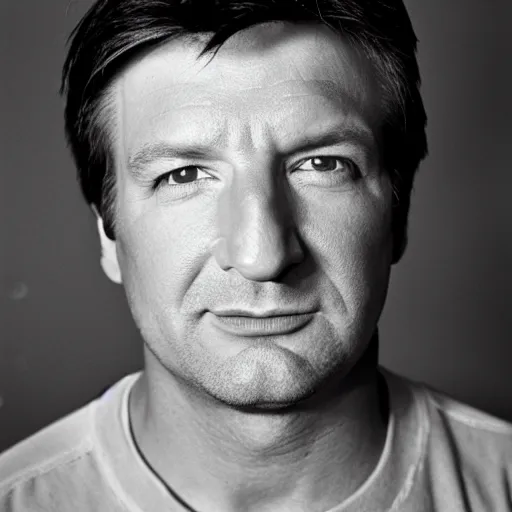 Prompt: photo of Nathan Fillion by Diane Arbus, black and white, high contrast, Rolleiflex, 55mm f/4 lens