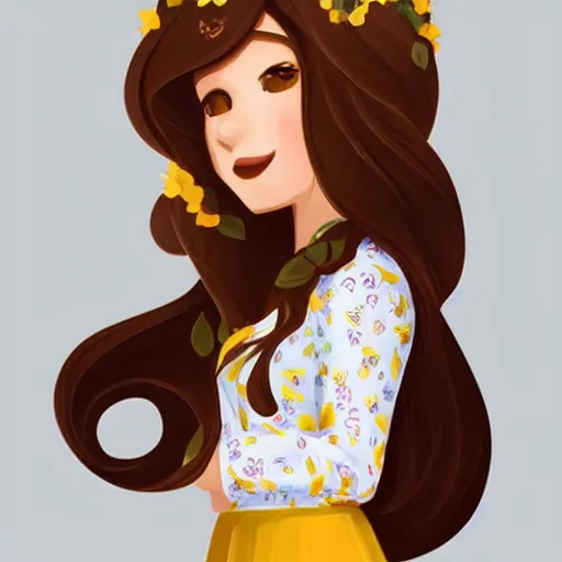 Image similar to hispanic girl with long brown hair, flower dress, face, sticker, emoji, by rossdraws, wlop, artstation trending