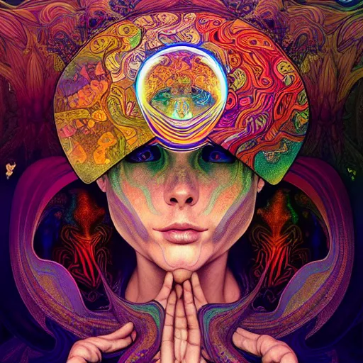 Image similar to An extremely psychedelic experience, reality bending, morphing, transforming, colorful, surreal, magic mushrooms, psilocybin, LSD, face, detailed, intricate, elegant, highly detailed, digital painting, artstation, concept art, smooth, sharp focus, illustration, art by Krenz Cushart and Artem Demura and alphonse mucha