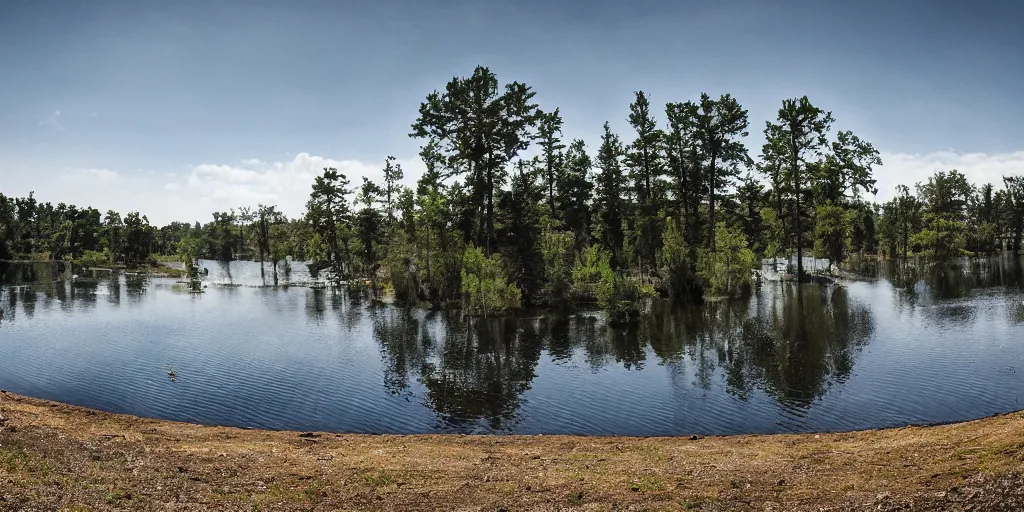 Image similar to photo field with Lake with black water in center reality