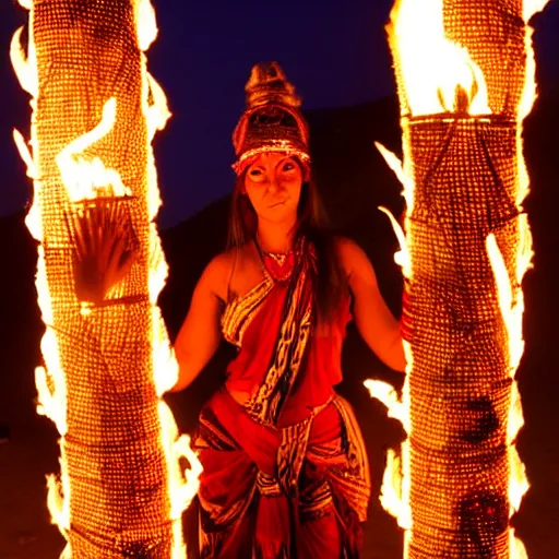 Image similar to hindu goddess of firespinning, burning man, fire poi, fire staff, tesseract, intricate