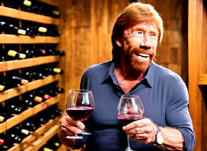 Prompt: photo of chuck norris enjoying a nice glass of wine in a wine cellar, 8 k, 5 2 mm, f 1. 8