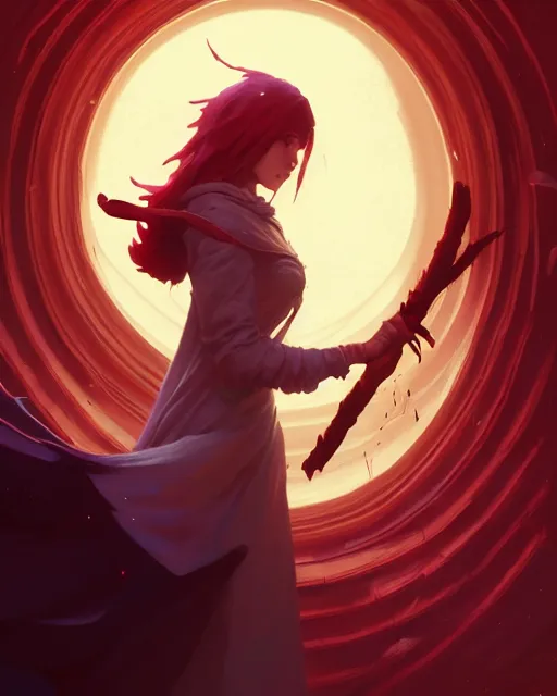 Image similar to highly detailed vfx portrait of a mage casting a blood spell, unreal engine, greg rutkowski, loish, rhads, beeple, makoto shinkai and lois van baarle, ilya kuvshinov, rossdraws, tom bagshaw, alphonse mucha, global illumination, detailed and intricate environment