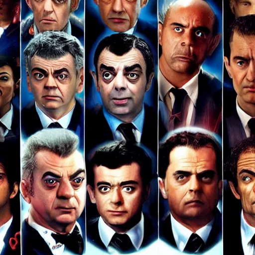 Prompt: armageddon movie poster with all characters faces swapped with rowan atkinson, high detail, realistic, 4 k