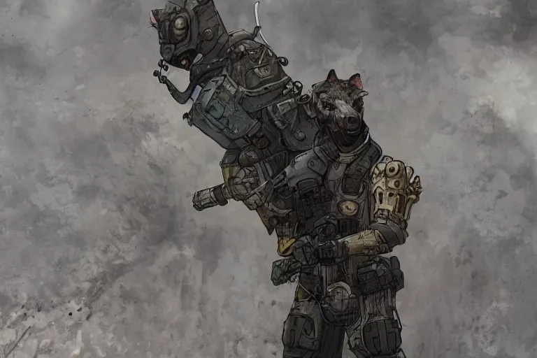 Image similar to a good ol'hyena fursona ( from the furry fandom ), heavily armed and armored facing down armageddon in a dark and gritty version from the makers of mad max : fury road. witness me.