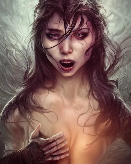 Image similar to death is swallowed up in victory, very detailed and beautiful face, screaming with fear, artwork by artgerm, centered shot, wide angle, full body, mythpunk