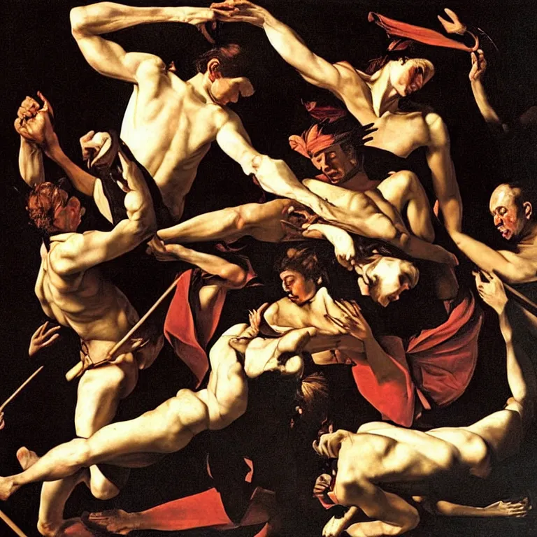 Image similar to these violent delights have violent ends, painting by caravaggio