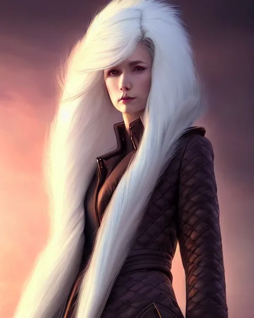 Image similar to dragon hunter wearing a fur - lined dragonhide jacket!!! beautiful and gorgeous elegant white long haired female!! symmetry, character concept art, sharp focus, illustration, art by artgerm!! greg rutkowski magali villeneuve wlop! ilya kuvshinov!!! charlie bowater! octane render, unreal engine 5! highly rendered!!