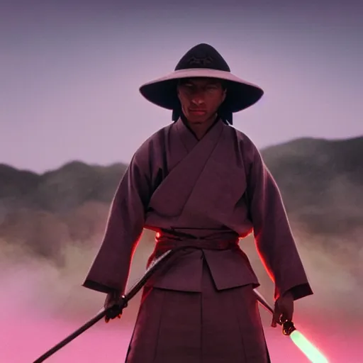 Image similar to cinematic film still Pharrell Williams starring as a Samurai holding fire, Japanese CGI, VFX, 2003, 40mm lens, shallow depth of field,film photography