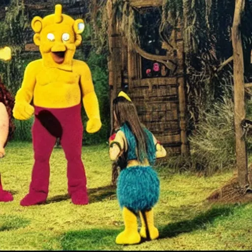 Prompt: Danny Trejo with machete appears in teletubbies