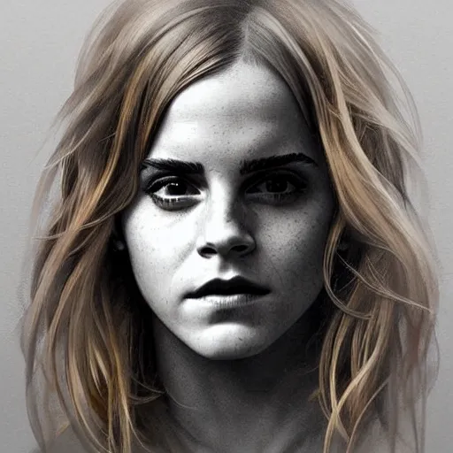 Image similar to Very funny Emma Watson looking like an old monkey, colorful painting on grey scale face, powerful , magic, thunders, dramatic lighting, intricate, wild, highly detailed, digital painting, artstation, concept art, smooth, sharp focus, illustration, art by artgerm and greg rutkowski and alphonse mucha, footage