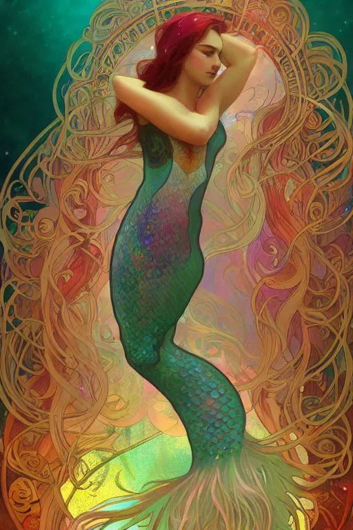 Image similar to a beautiful psychedelic mermaid with a beautiful fin, cinematic lighting, soft bokeh, fantasy, modern, colourful, highly detailed, digital painting, artstation, deviantart, concept art, sharp focus, illustration, by alphonse mucha