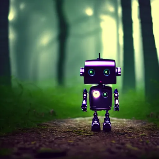 Image similar to a cute little robot in a wood. super realistic 8 k render of a dark hooded powerful elegant, cinematic composition