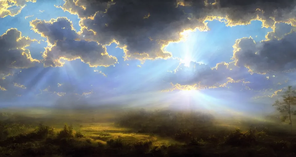 Prompt: heaven with angels floating on clouds god rays, by eugene von guerard, ivan shishkin, dramatic lighting, concept art, trending on artstation, 8 k
