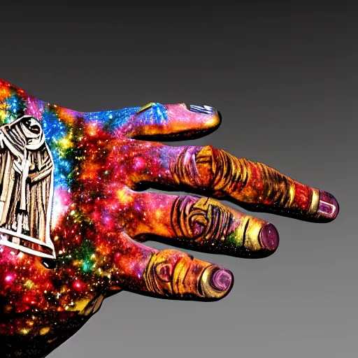 Image similar to cosmic hand eaten by cannibal ecclesial fraternity, intricate, aesthetic, artistic, 8 k resolution