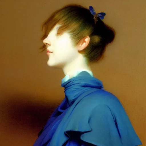 Image similar to a young woman's face, her hair is white and she wears a cobalt blue satin cloak, by ivan aivazovsky and syd mead and moebius and gaston bussiere and roger dean and pieter claesz and paul delaroche and alma tadema and aelbert cuyp and john berkey, hyperrealistic, volumetric light, octane render