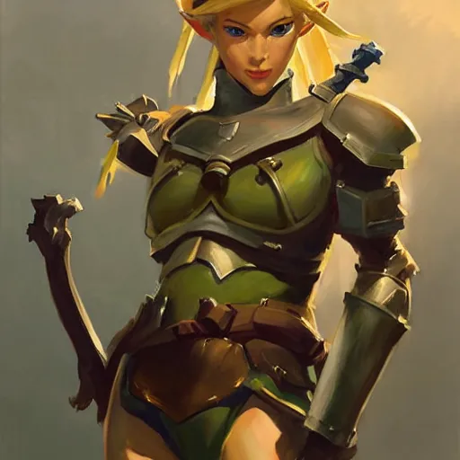 Image similar to greg manchess portrait painting of armored female link from legend of zelda as overwatch character, medium shot, asymmetrical, profile picture, organic painting, sunny day, matte painting, bold shapes, hard edges, street art, trending on artstation, by huang guangjian and gil elvgren and sachin teng