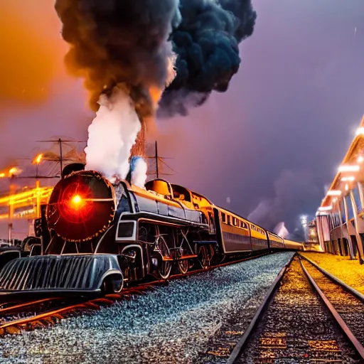 Image similar to train with steam locomotive leaving the station, dramatic cinematic angle and lighting, low angle camera, slow shutter light streaks