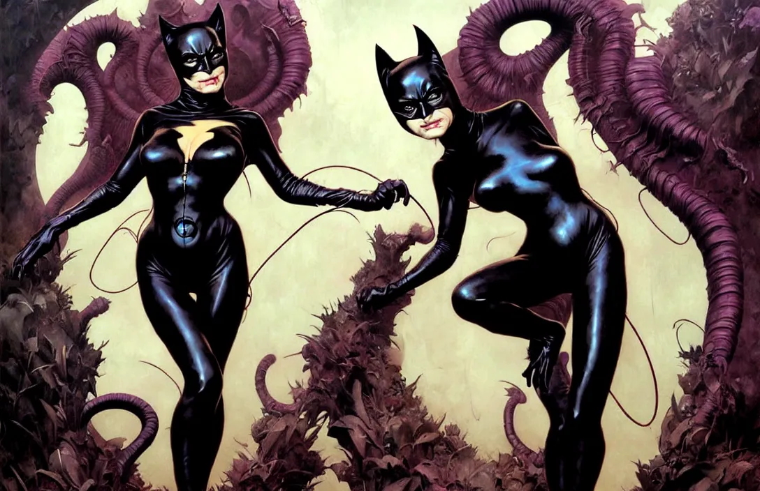 Image similar to cat woman from batman in the style of wayne barlowe, gustav moreau, peter mohrbacher, bussiere, roberto ferri, santiago caruso, luis ricardo falero, austin osman spare, boris vallejo, hajime sorayama, frazetta