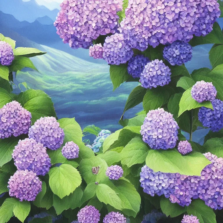 Image similar to a beautiful painting of hydrangea and mountain landscape, clematis theme logo, clematis theme banner, clematis design, clematis in the deep sea, clematis like stars in the sky, hydrangea, trending on artstation, warm light, lovely and cute, fantasy art, 8 k resolution, highly detailed