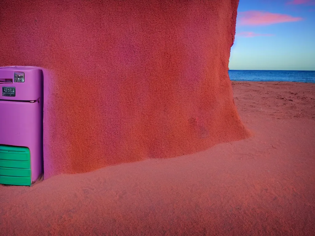 Prompt: purple refrigerator, red sand beach, green ocean, nebula sunset