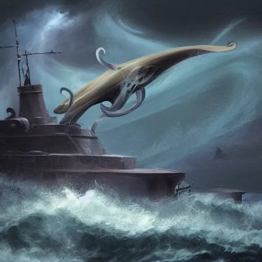 Image similar to concept art of the submarine Nautilus fighting against the giant squid during a storm in the sea, thunders and rain in background, 2d, dark, omnious, stormy, emotive, ornated, accurate, elaborate, illustration, digital art, concept art, trending on Art Station, art by Oliver Beck and 黄彦捷,