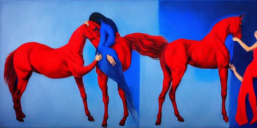 Image similar to only with blue, ney motogrosso in love with a red stallion, too many hands in all directions, in hoc signo vinces, waterfall, in the style of leonora carrington, gottfried helnwein, intricate composition, blue light by caravaggio, insanely quality, highly detailed, masterpiece, red light, artstation