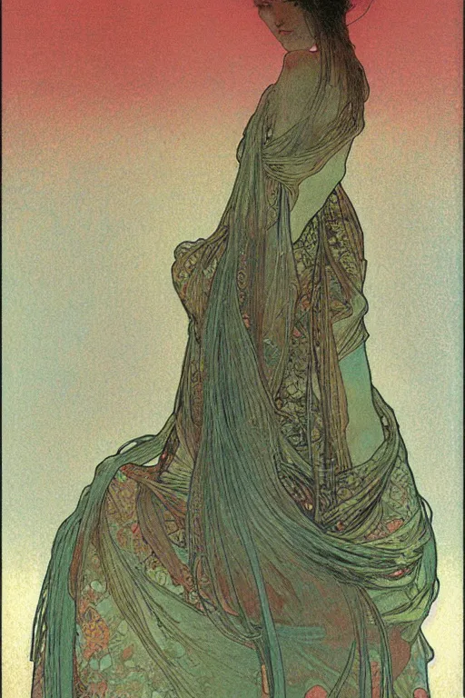 Image similar to alphonse mucha meet beksinski, japanese woman