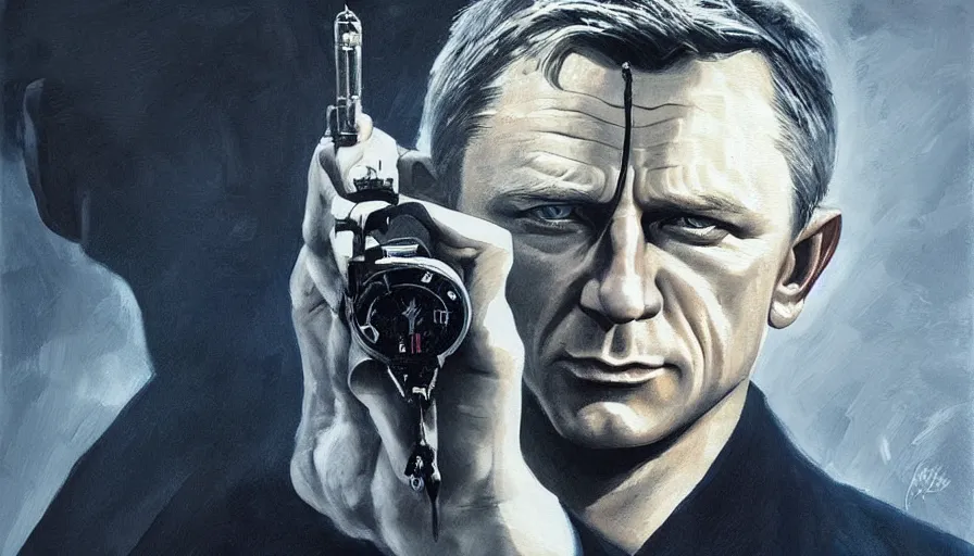 Image similar to a beautiful painting in the style of cedric peyravernay of daniel craig as james bond, dimly lit in the shadows holding a walther ppk close to his face, extremely detailed, 4 k