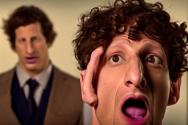 Image similar to a cinematic still of ((andy samberg)) astonished, masterpiece