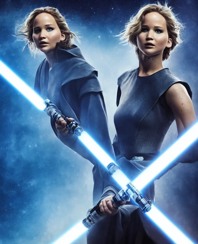 Image similar to jennifer lawrence as a jedi holding up a blue lightsaber, very dark background, official new star wars episode xi movie poster from lucas arts, perfect symmetrical face, full moon, moody lighting, 8 k, shallow depth of field, intricate detail,