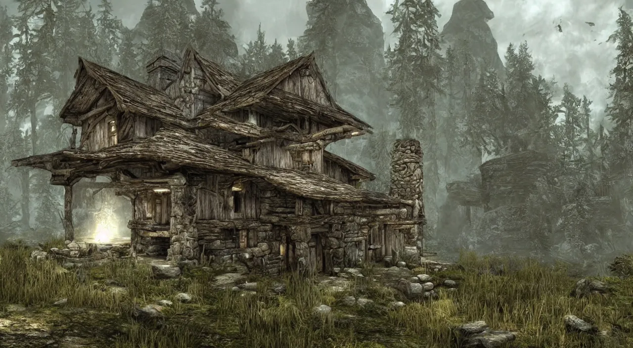 Image similar to concept art of an old rustic house in a forest in skyrim