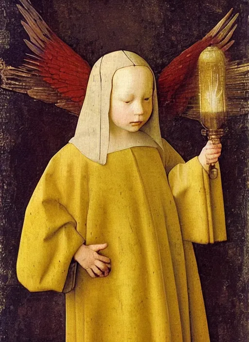 Prompt: angel wings, medieval painting by jan van eyck, johannes vermeer