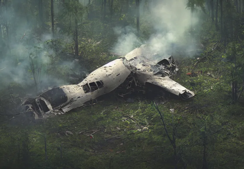 Prompt: wreckage of a crashed spaceship into a clearing in a forest, fire and smoke, close up. Soft lighting, wide angle, adventurous, atmospheric lighting, 8K, octane render. By Makoto Shinkai, Stanley Artgerm Lau, WLOP, Rossdraws, James Jean, Andrei Riabovitchev, Marc Simonetti, krenz cushart, Sakimichan, D&D trending on ArtStation, digital art.