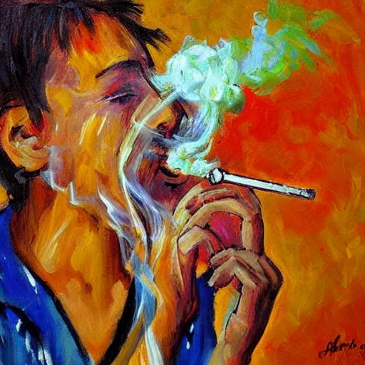 Image similar to smoker. smoke. happiness. art. impressionism