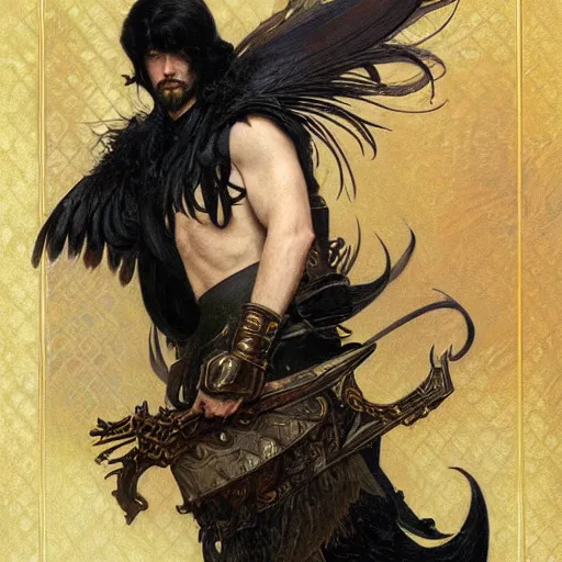 Prompt: pale, beautiful black-haired Viking lord wih sharp features, wearing a gilded black scale armor in the shape of art deco feathers and an arrogant heroic expression, by Greg Rutkowski, Brom, and Alphonse Mucha